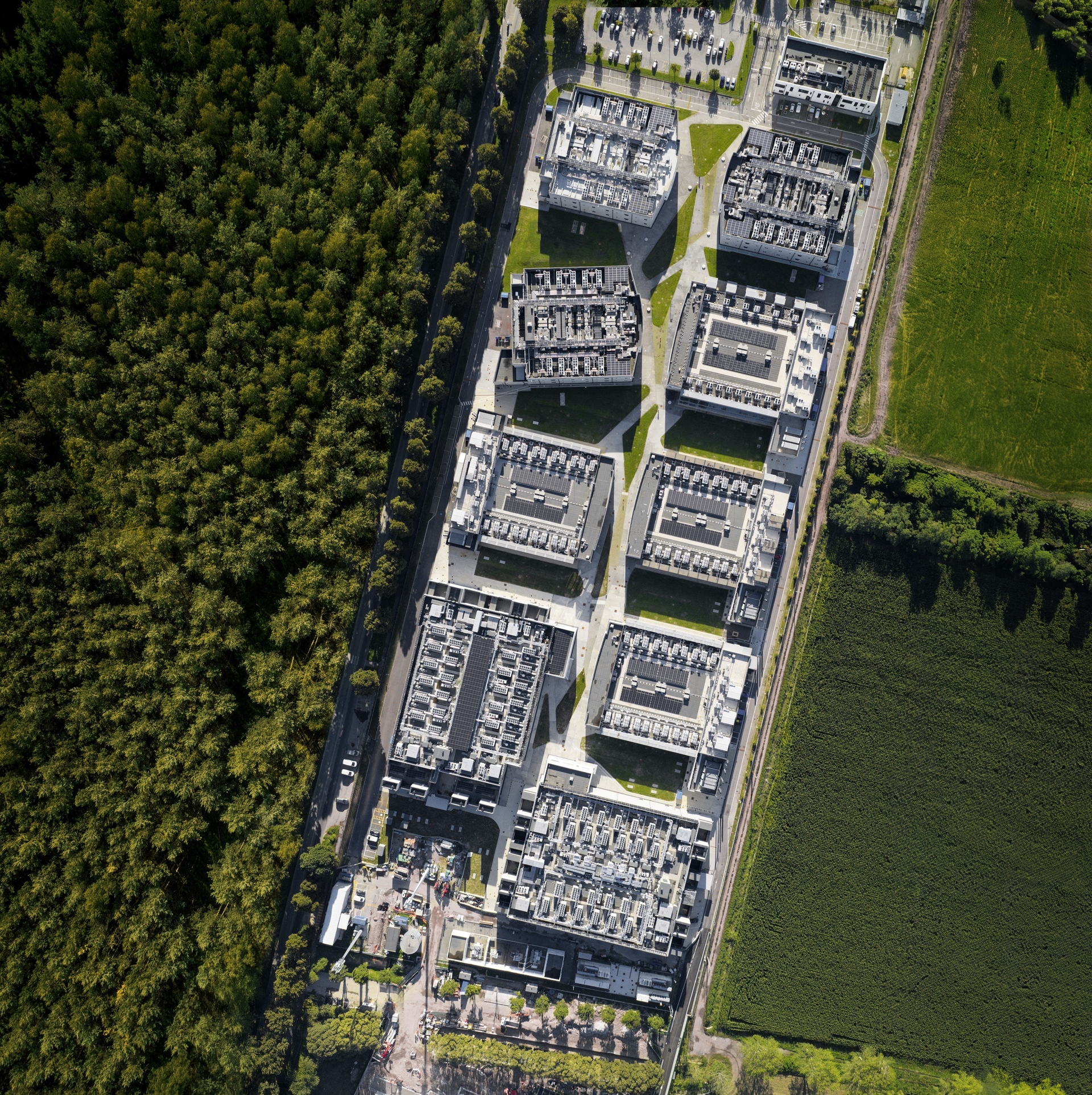 IT and data infrastructure. Aerial drone photo of the campus. Concept visual  Digitally enhanced 