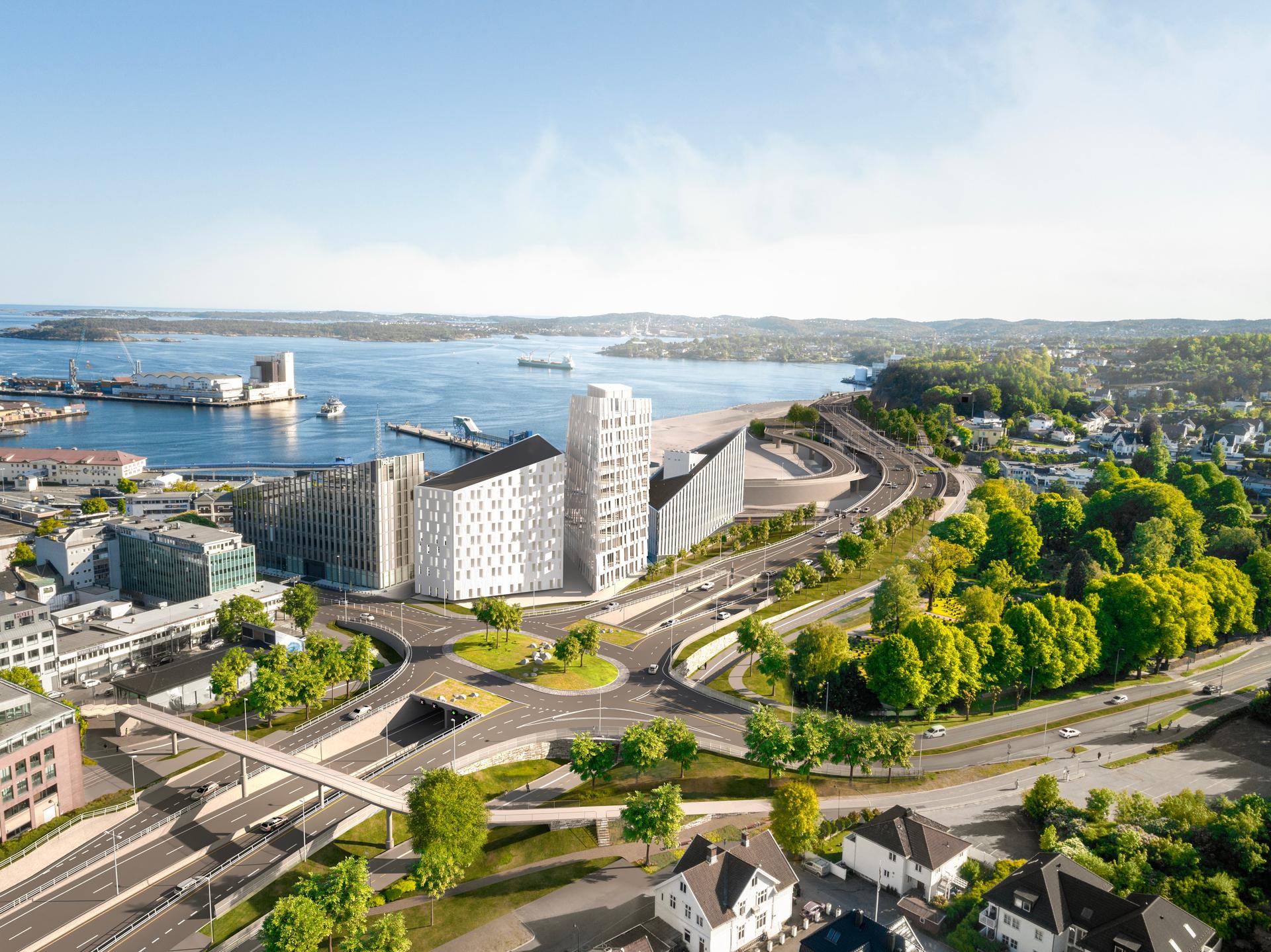 Caption: A multimodal transport project prioritising safe routes for cyclists and pedestrians over a compact urban space. Visualisation: Ramboll Norway